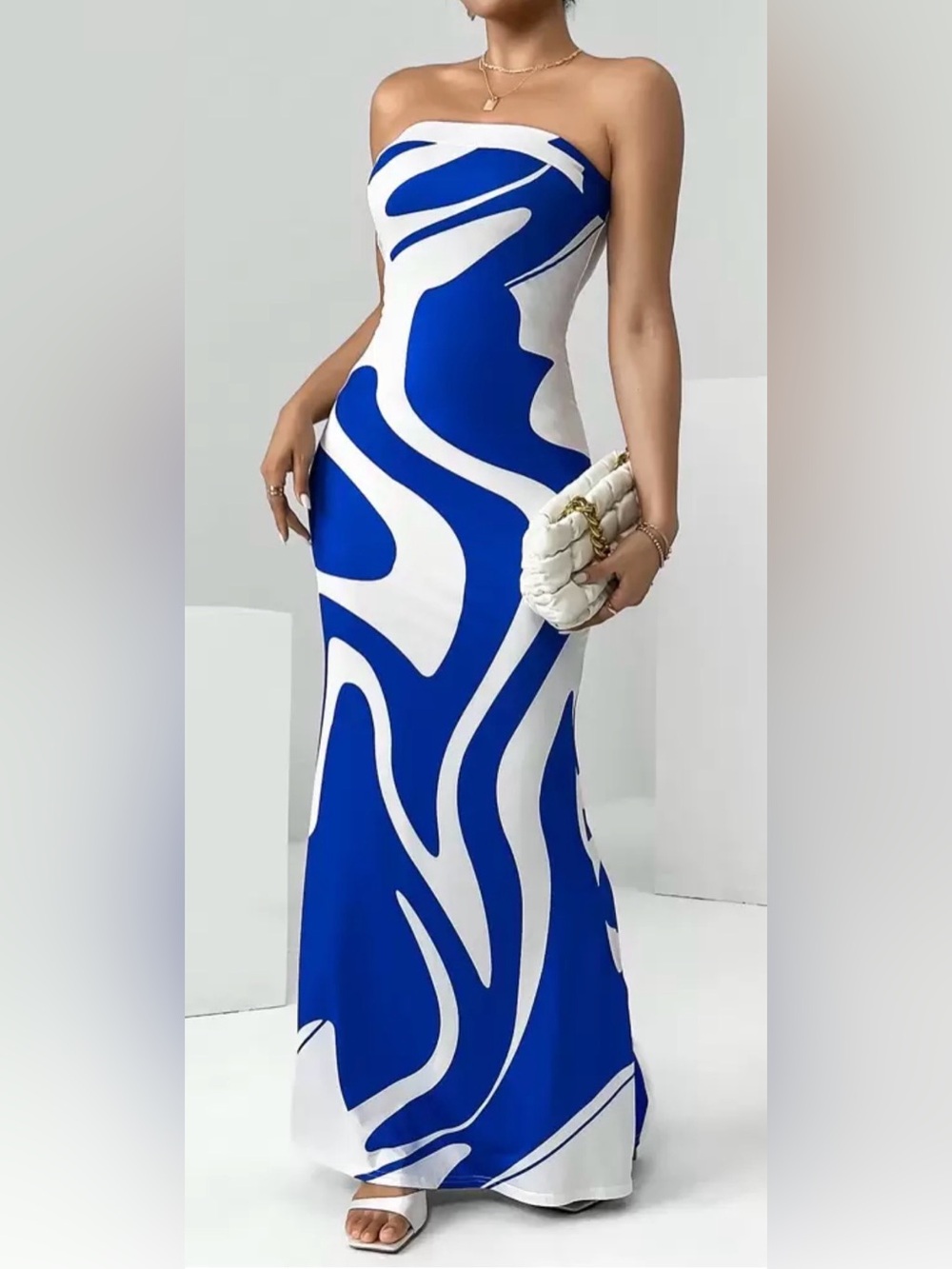Blue and White Abstract Maxi Dress